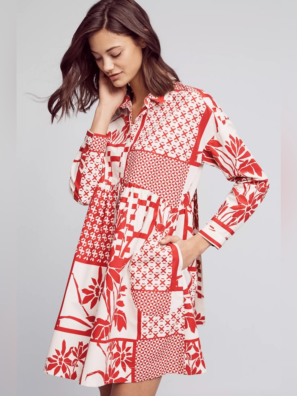 Maeve Anthropologie S Poplin Cotton Patchwork Shirtdress Boho Fall Floral Comfy